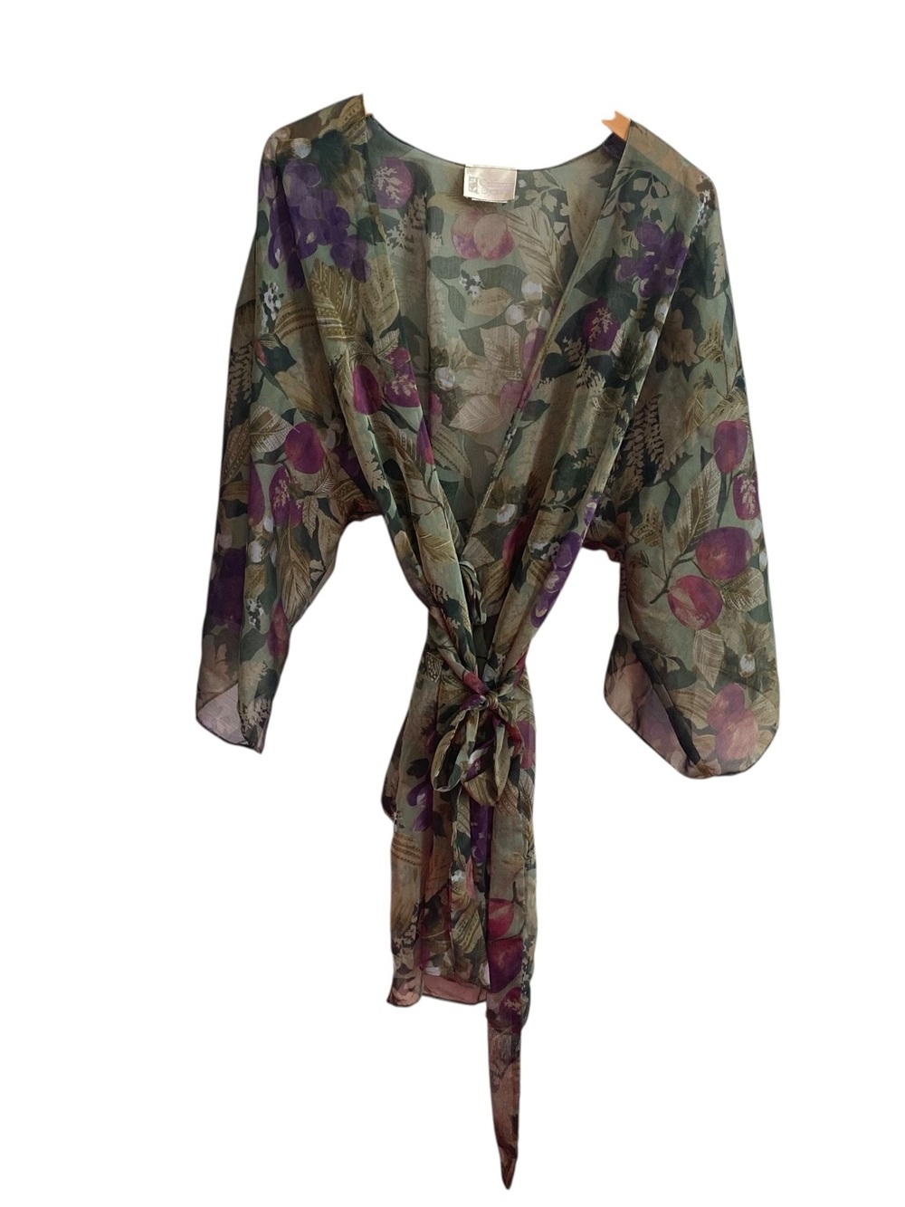 Vintage California Dynasty Hollywood Glam Green Floral Short Sheer Robe Size M